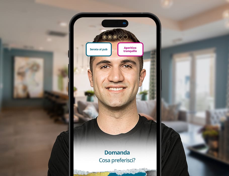 An AR quiz, a man smiling while answering the questions