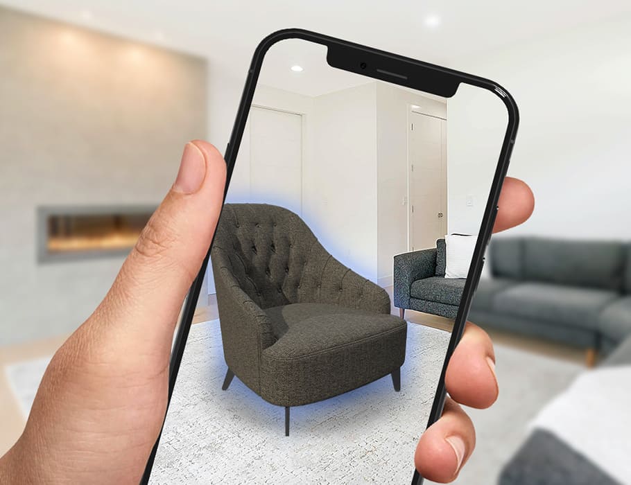 An AR product visualization of a sofa in a living room